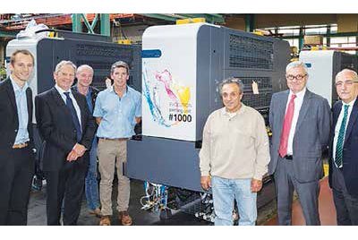 LtoR: Antoine Grandjean (Impritex), Alain Grandjean (Impritex), Denis Bourez (Impritex) , Stephan Vandroogenbroeck (Impritex), Ahmed Hassani (Impritex), Carl Vandermeersch (Manroland Benelux), Rafael Penuela (CEO, Manroland Sheetfed GmbH)