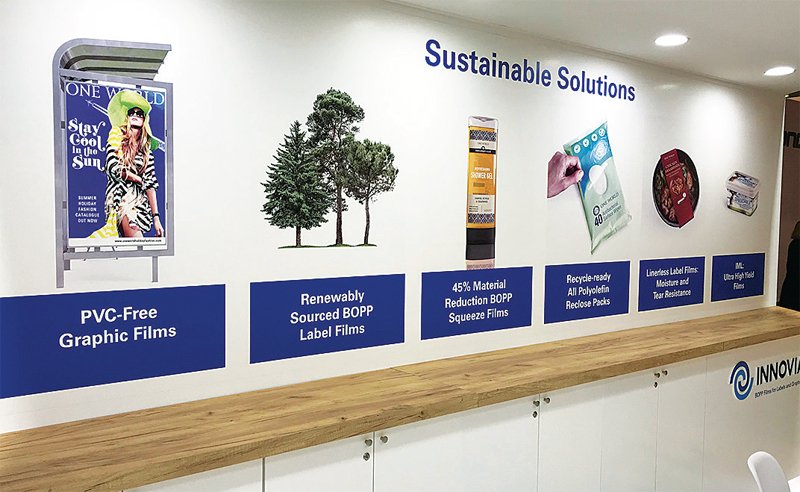 Innovia’s PVC-free material printed and applied to the company stand at Labelexpo.